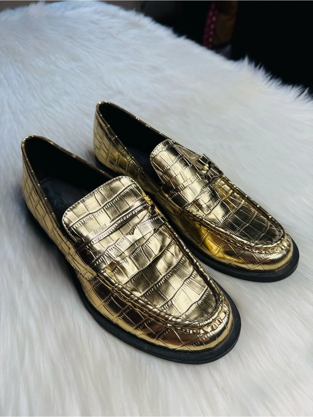 Zara Gold Metallic Croc Embossed Loafers